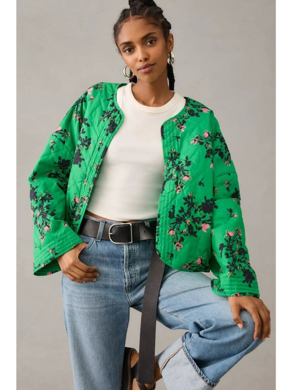 ANTHROPOLOGIE Constellation of Yes Floral Quilted Jacket O/S Green